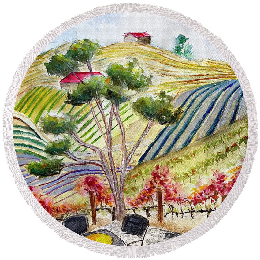 View Round Beach Towel featuring the painting View from the patio at Gershon Bachus Vintners by Roxy Rich