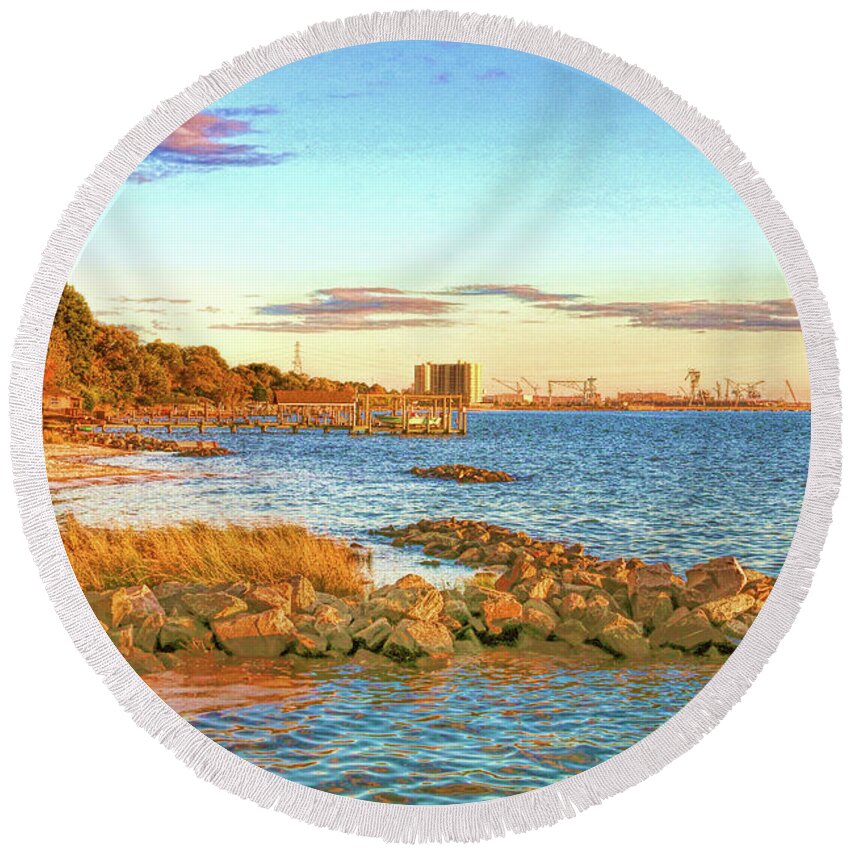 James River Round Beach Towel featuring the photograph View of James River From the Hilton Pier by Ola Allen