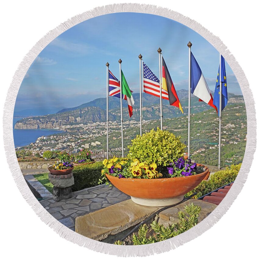 Sorrento Round Beach Towel featuring the photograph View of Sorrento With Flags by Yvonne Jasinski