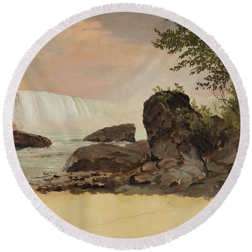 View Of The Canadian Falls And Goat Island Round Beach Towel featuring the painting View of the Canadian Falls and Goat Island by Frederic Edwin Church