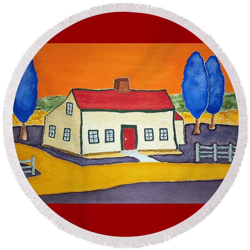 Watercolor Round Beach Towel featuring the painting Vincent's Farmhouse by John Klobucher