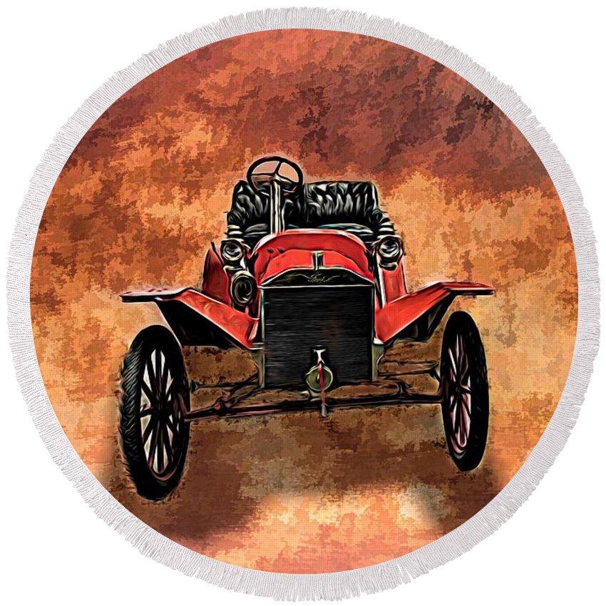 Classic Cars Round Beach Towel featuring the mixed media Vintage 1907 Model S Ford Roadster by Joan Stratton