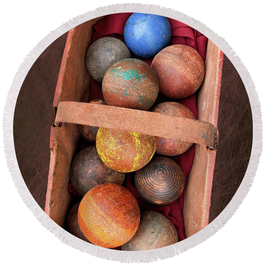 Bocce Round Beach Towel featuring the photograph Vintage Bocce Balls In Tattered Basket by Gary Slawsky