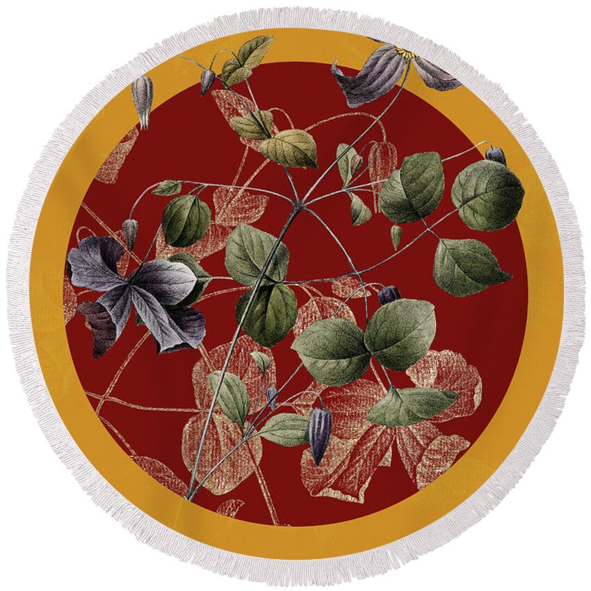 Vintage Round Beach Towel featuring the painting Vintage Botanical Virgins Bower on Circle Red on Yellow by Holy Rock Design