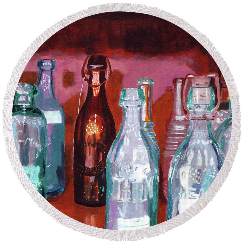 Glass Bottles Round Beach Towel featuring the painting Vintage Bottles by Lynne Reichhart