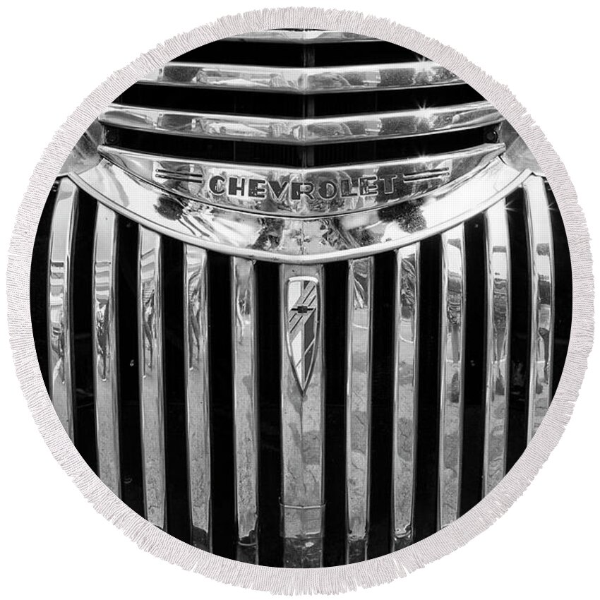 Chev Round Beach Towel featuring the photograph Vintage Chev Half Ton Black And White by Theresa Tahara