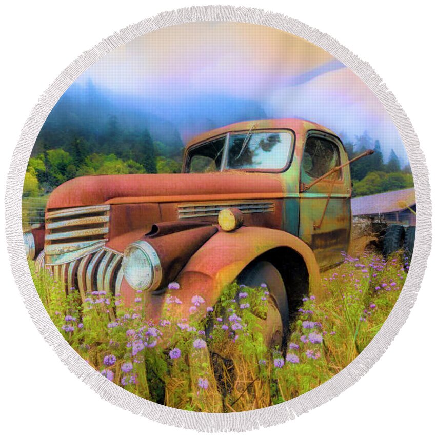 1941 Round Beach Towel featuring the photograph Vintage Chevy PIckup Truck in the Mountain Wildflowers Abstract by Debra and Dave Vanderlaan