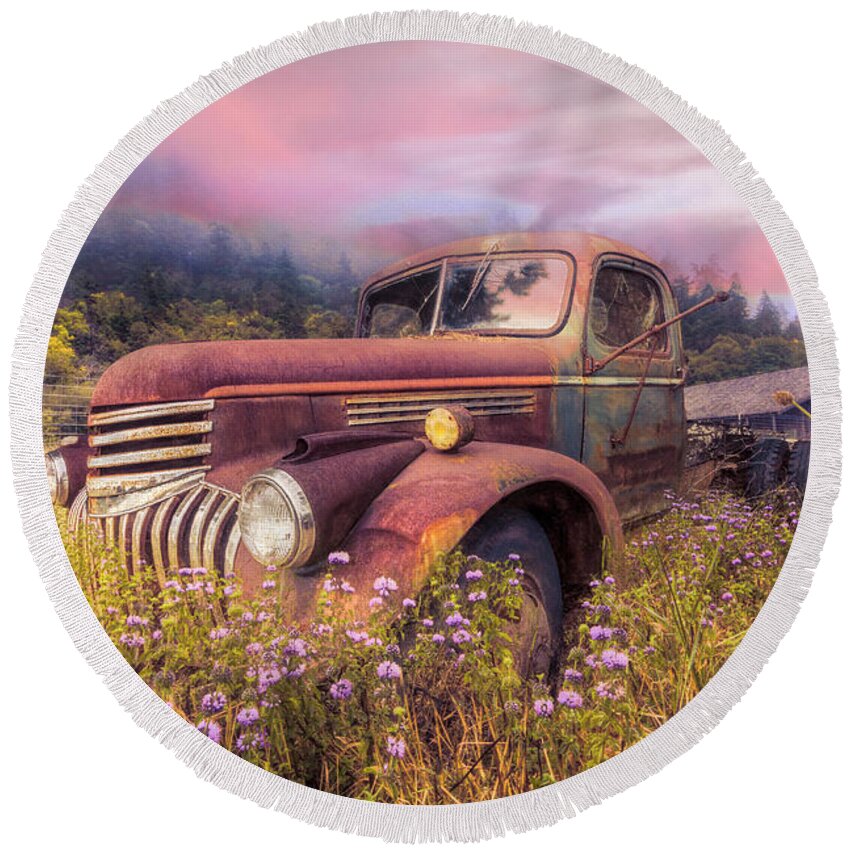 1941 Round Beach Towel featuring the photograph Vintage Chevy PIckup Truck in the Mountain Wildflowers at Sunris by Debra and Dave Vanderlaan