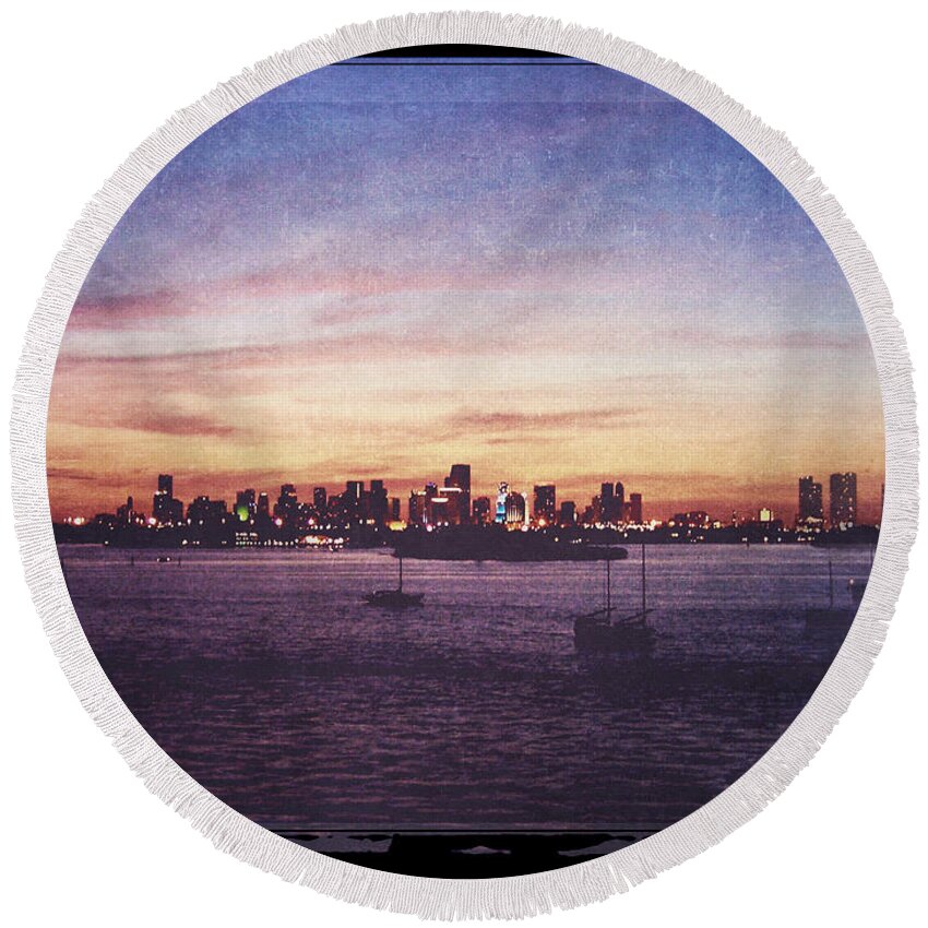 Florida Round Beach Towel featuring the digital art Vintage Miami Sunset by Phil Perkins