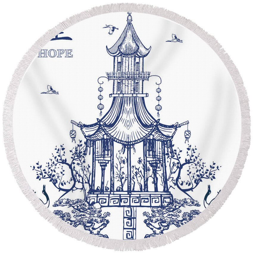 Pagoda Round Beach Towel featuring the digital art Vintage Pagoda C by Jean Plout