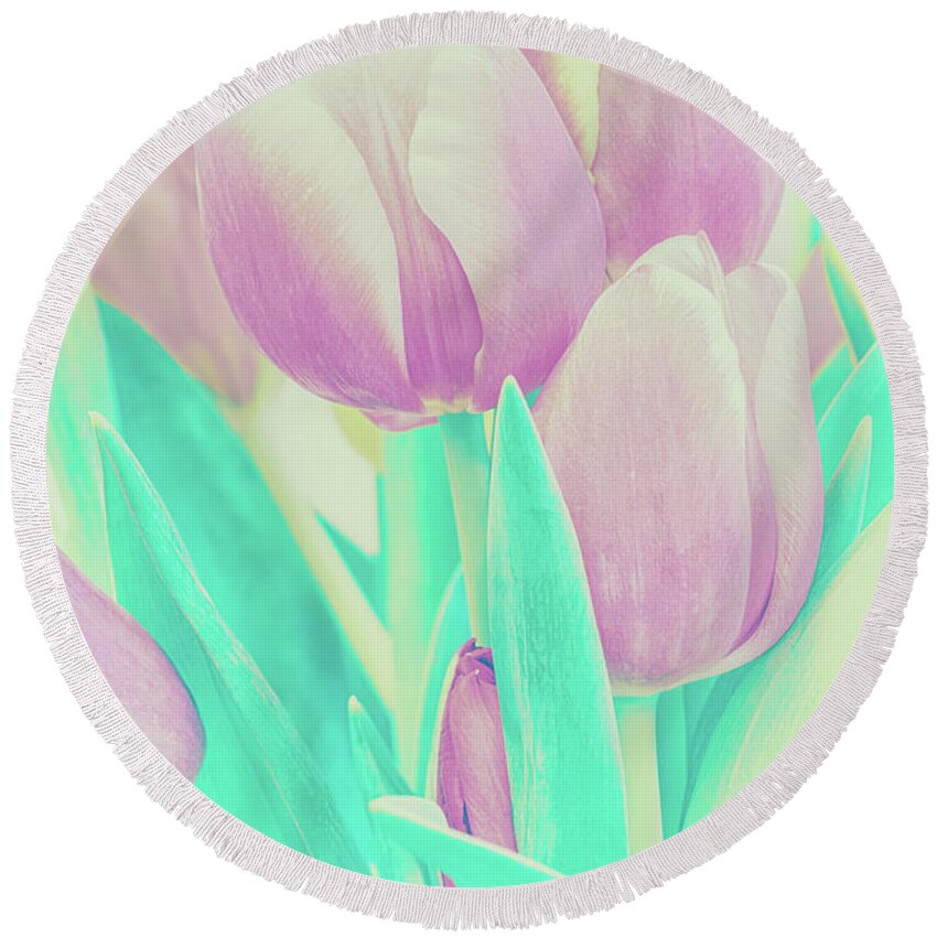 Purple Round Beach Towel featuring the photograph Vintage Purple Tulip Bouquet by Marianne Campolongo
