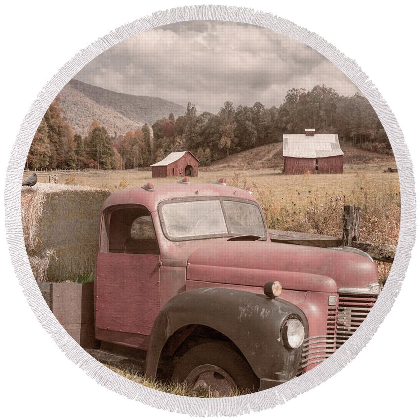 Truck Round Beach Towel featuring the photograph Vintage Red Farmhouse Truck at the Farm by Debra and Dave Vanderlaan