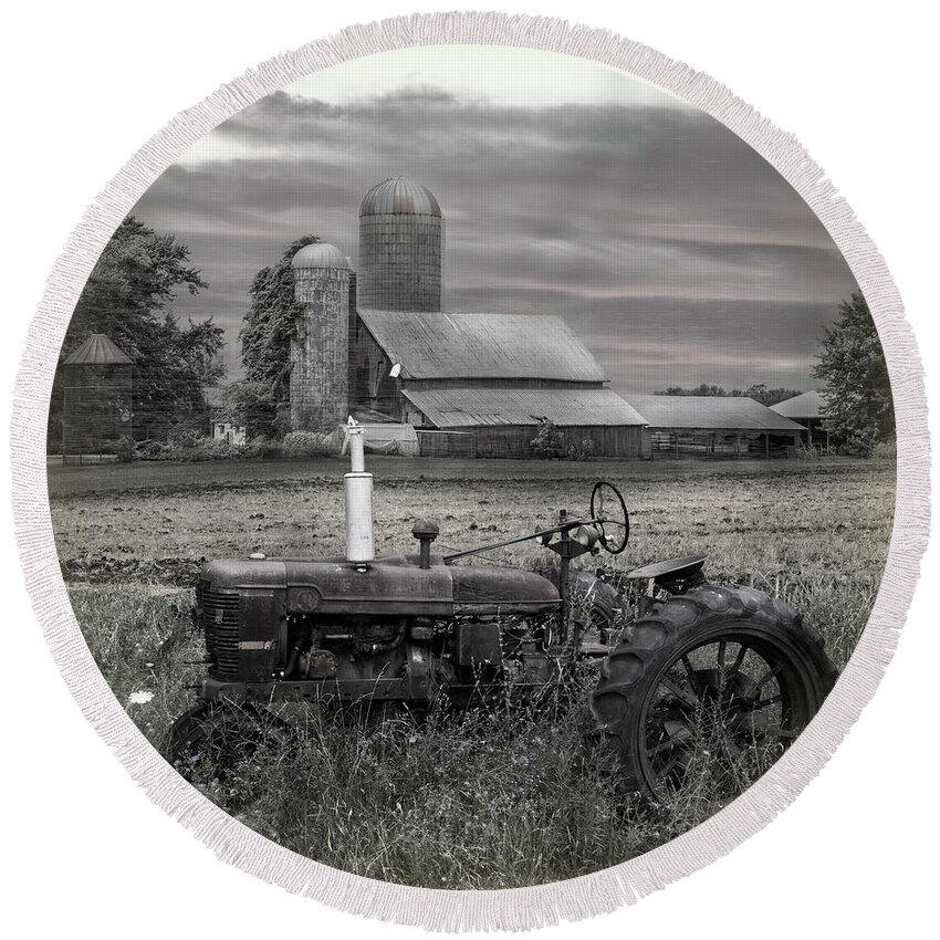 Barns Round Beach Towel featuring the photograph Vintage Tractor at the Country Farm by Debra and Dave Vanderlaan