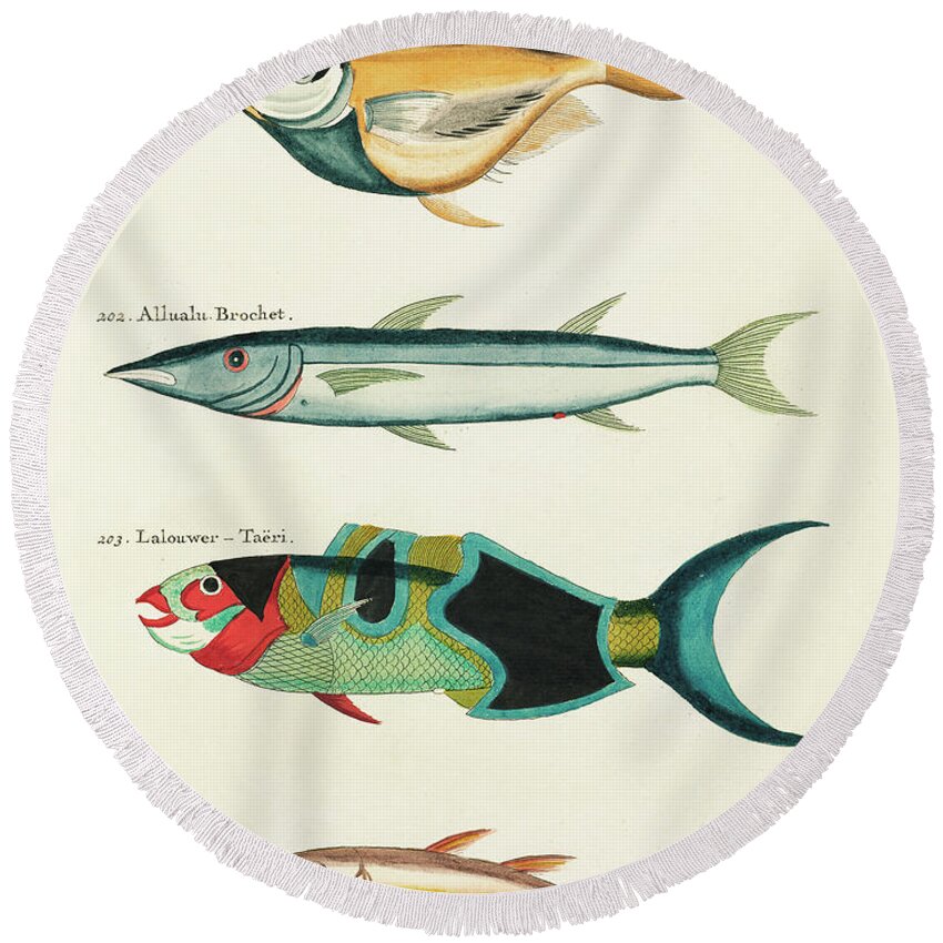Fish Round Beach Towel featuring the digital art Vintage, Whimsical Fish and Marine Life Illustration by Louis Renard - Bazuin, Allualu Brochet by Louis Renard