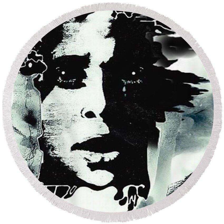Lament Round Beach Towel featuring the mixed media Violation by Hartmut Jager
