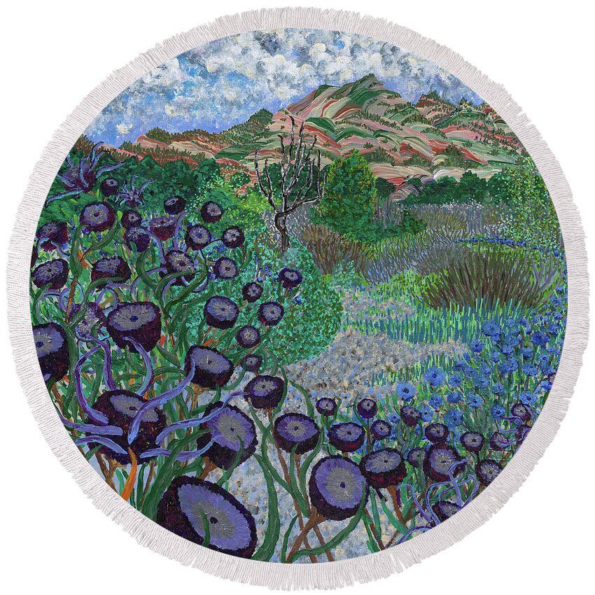 California Landscapes Round Beach Towel featuring the painting Violet afternoon in the city of angels. Santa Susana Pass, Los Angeles. by ArtStudio Mateo