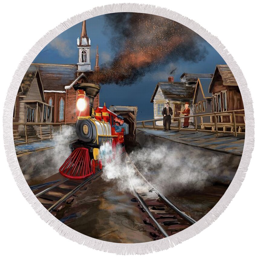 Train Round Beach Towel featuring the digital art Virginia and Truckee Approaches the Freight Depot II by Doug Gist