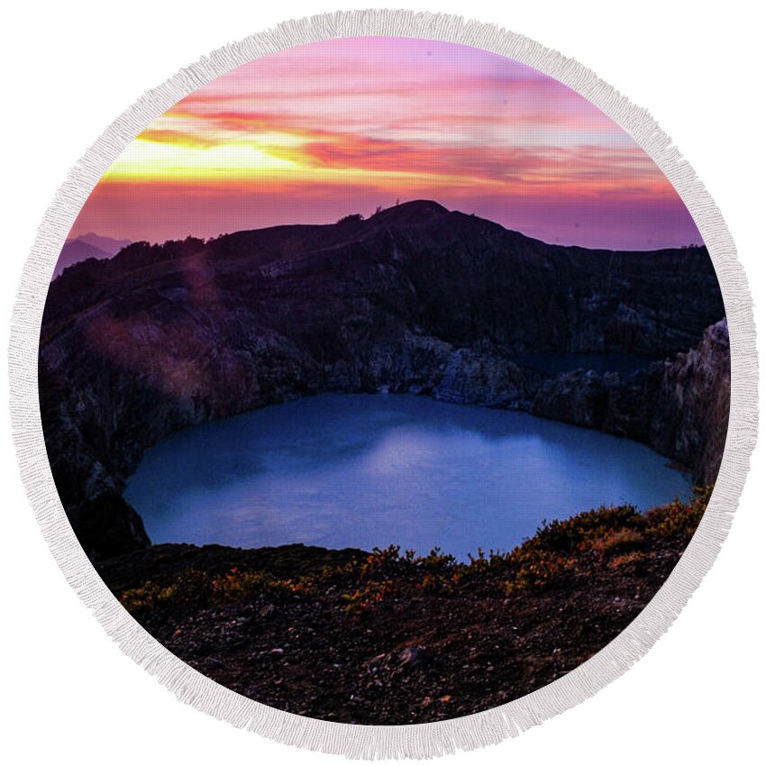 Volcano Round Beach Towel featuring the photograph The Fire Of Heaven - Mount Kelimutu, Flores. Indonesia by Earth And Spirit