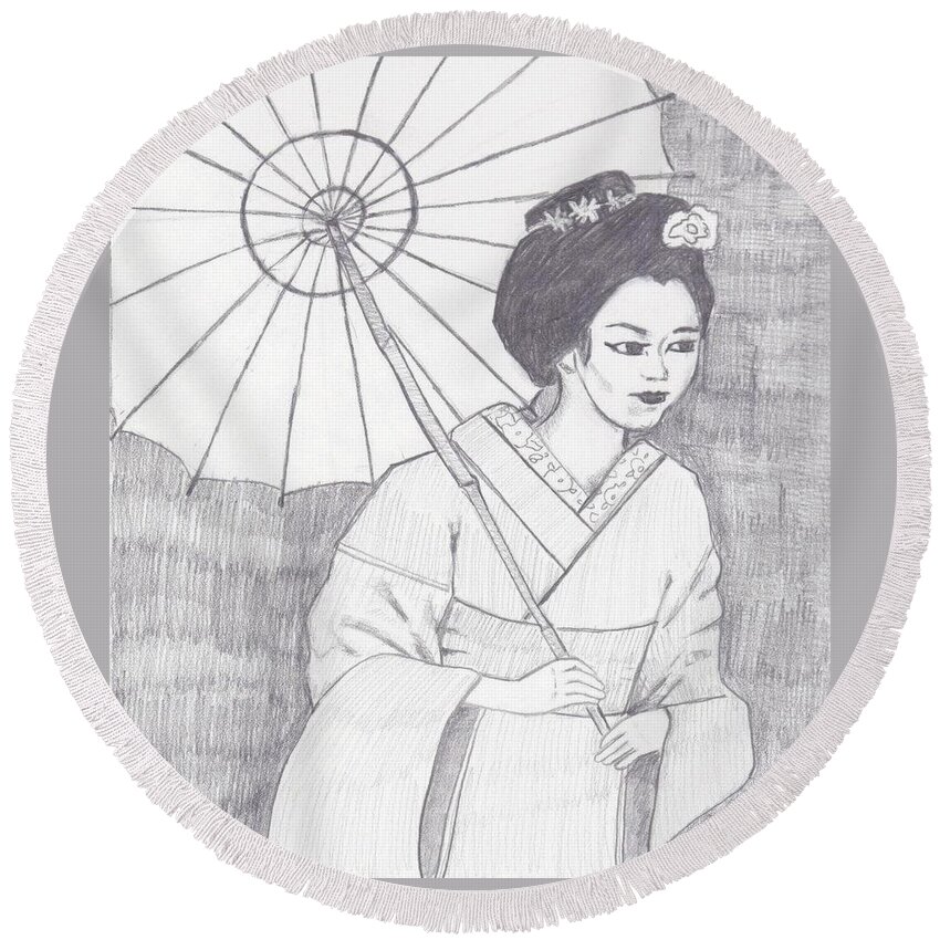  Round Beach Towel featuring the drawing Wagasa by Jam Art