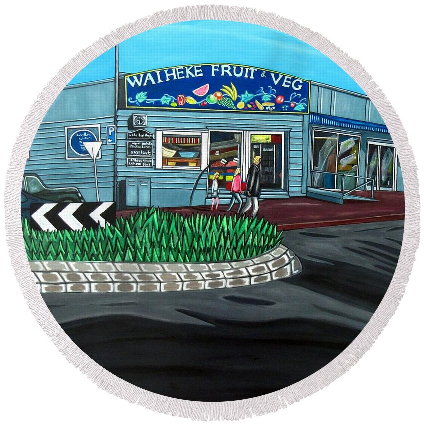 Landscape Round Beach Towel featuring the painting Waiheke Fruit and Veg by Sandra Marie Adams