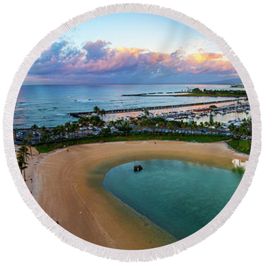 Hawaii Round Beach Towel featuring the photograph Waikiki Marina Panoramic by Anthony Jones