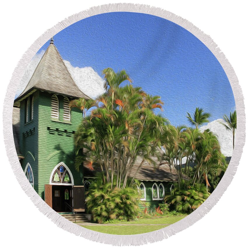 Hawaii Round Beach Towel featuring the photograph Waioli Hula Church Painting by Robert Carter