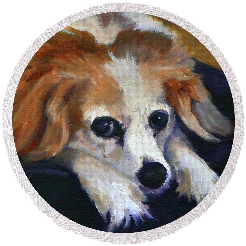 Dog Round Beach Towel featuring the painting Waiting for Dinner by Alice Leggett