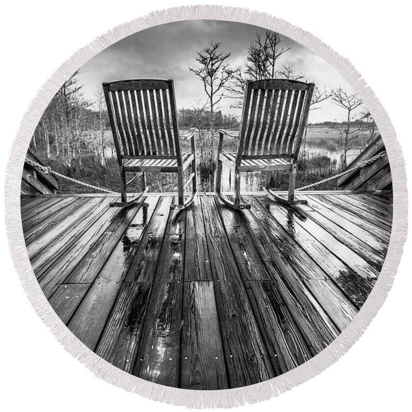Clouds Round Beach Towel featuring the photograph Waiting on the Thunder II in Black and White by Debra and Dave Vanderlaan