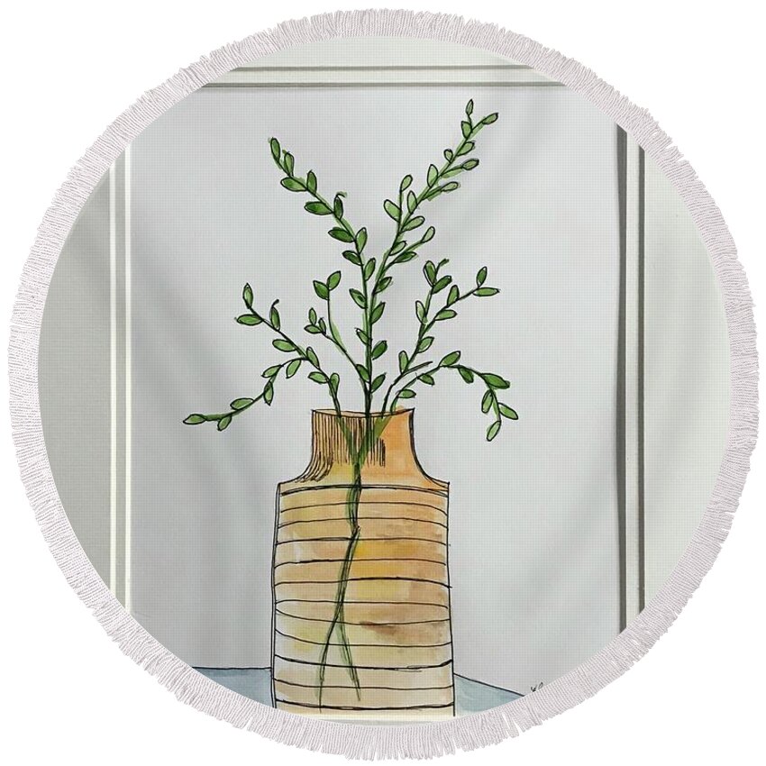 Watercolor And Ink Round Beach Towel featuring the painting Waiting to Bloom by Theresa Honeycheck