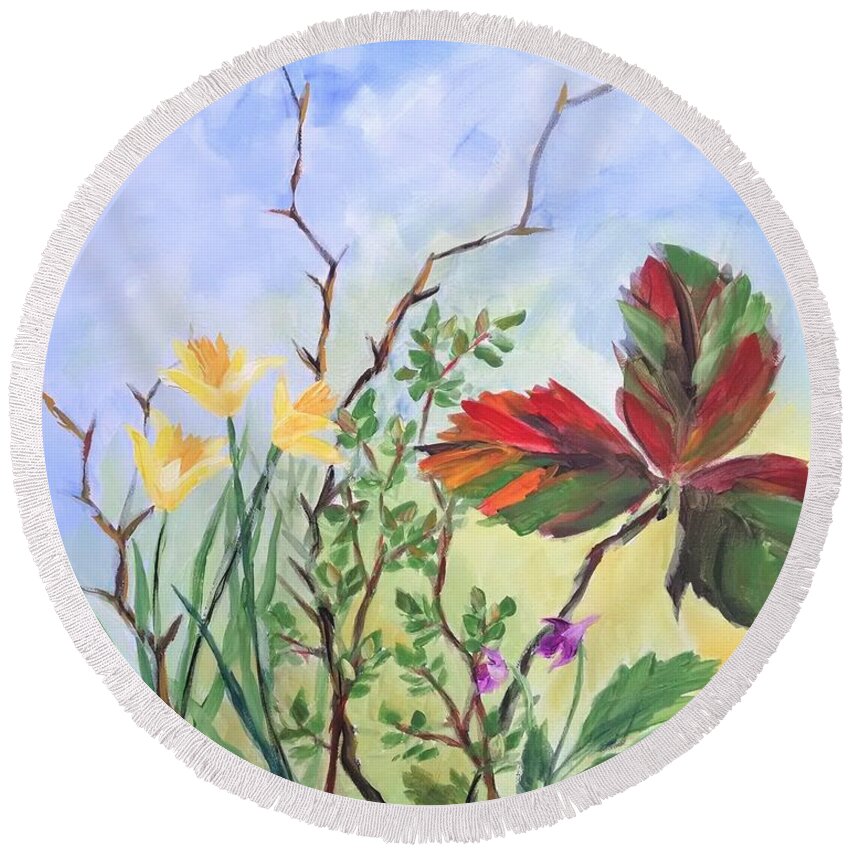 Daffodil Round Beach Towel featuring the painting Waking by Helian Cornwell