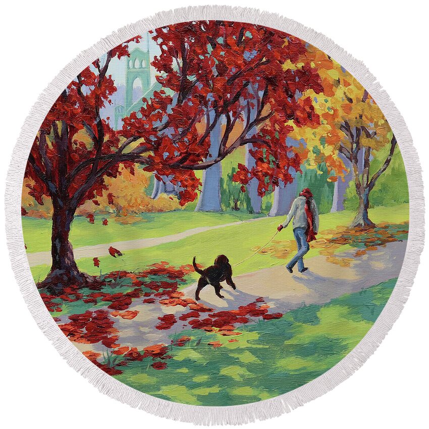 Portland Round Beach Towel featuring the painting Walk in the Park by Karen Ilari