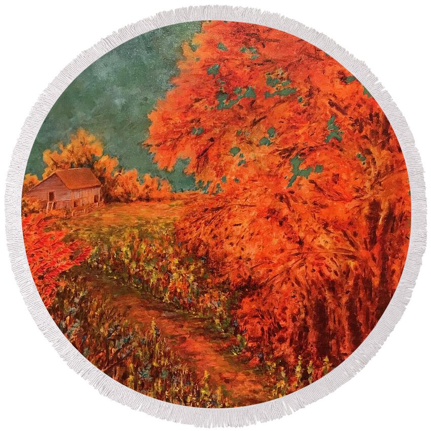 Autumn Round Beach Towel featuring the painting Walk with me by Milly Tseng