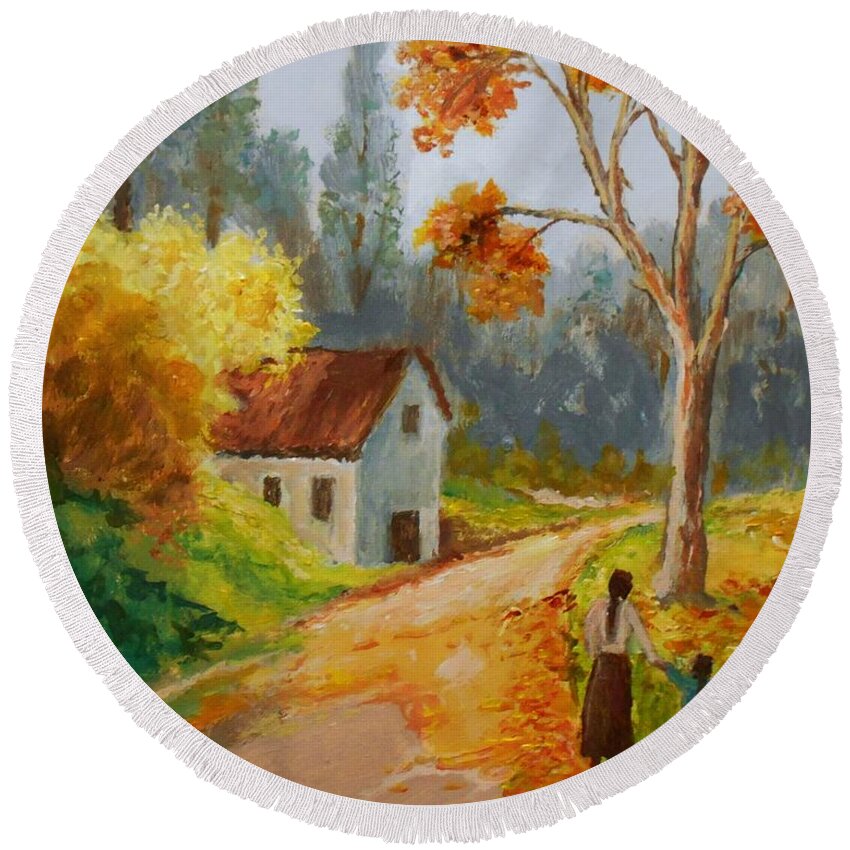 Autumn Round Beach Towel featuring the painting Walk In Autumnal Forrest by Konstantinos Charalampopoulos