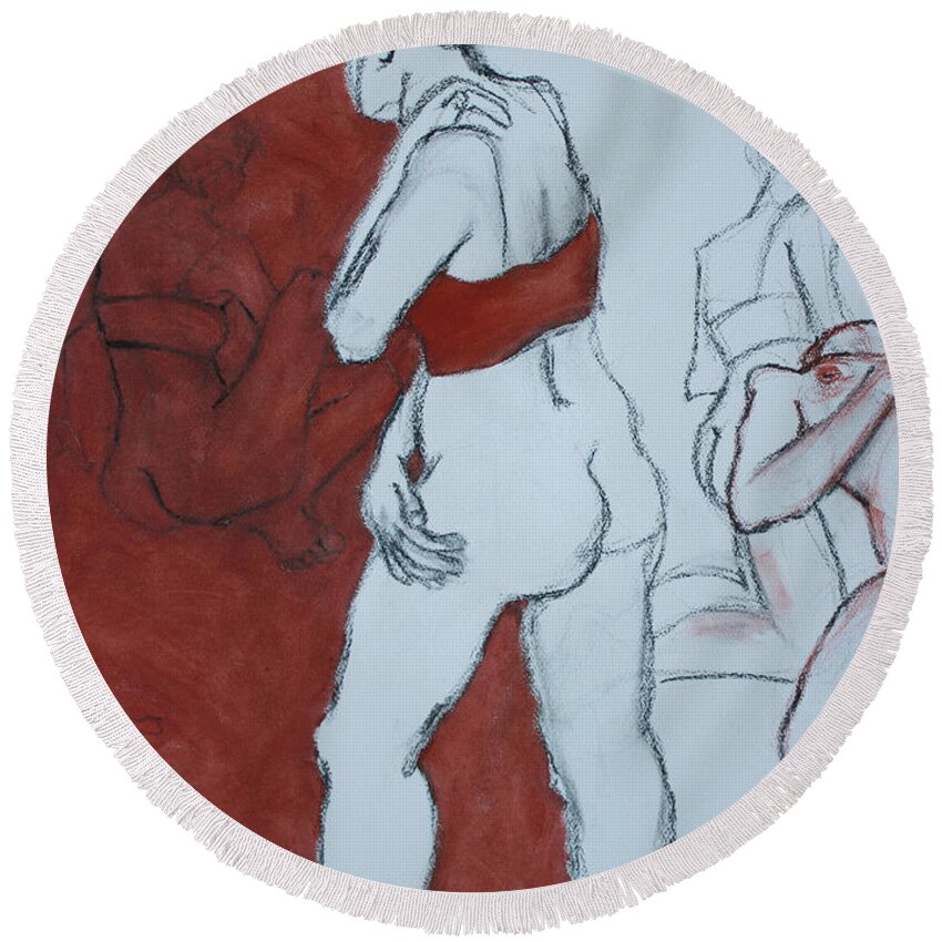 Figure Painting Round Beach Towel featuring the mixed media Walking Away by PJ Kirk