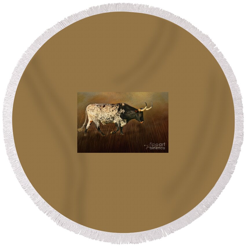 Steer Round Beach Towel featuring the photograph Walking My Land by Joan Bertucci