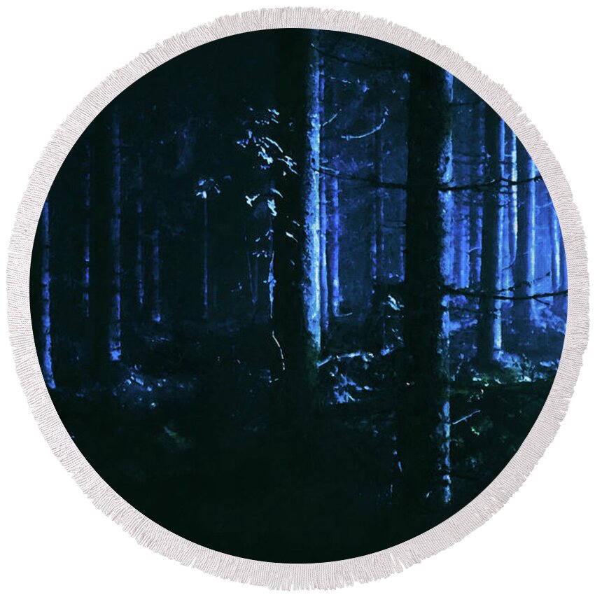 Dark Round Beach Towel featuring the painting Walking through the Darkwood forest - 02 by AM FineArtPrints