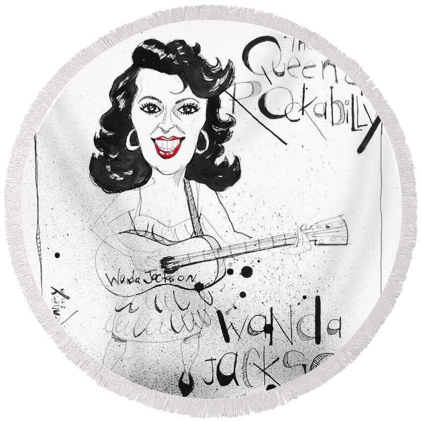  Round Beach Towel featuring the drawing Wanda Jackson by Phil Mckenney