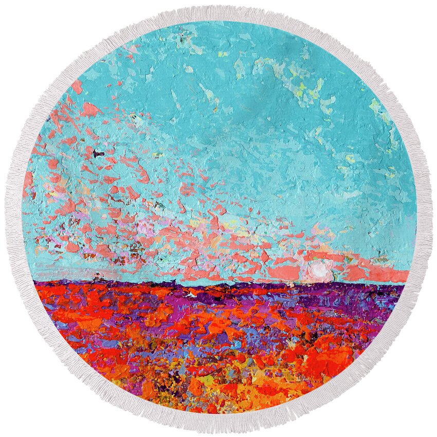 Summer Scene Round Beach Towel featuring the painting Warm Day in a Bed of Blooms Painting by Patricia Awapara