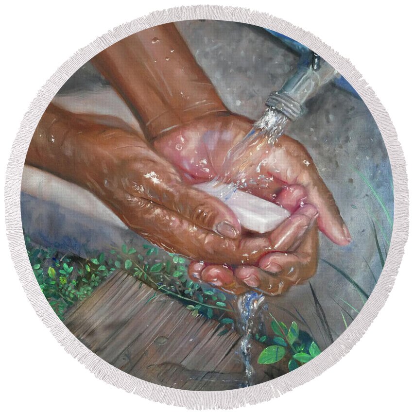 Hand Washing Round Beach Towel featuring the painting Washing Hands by Jonathan Gladding