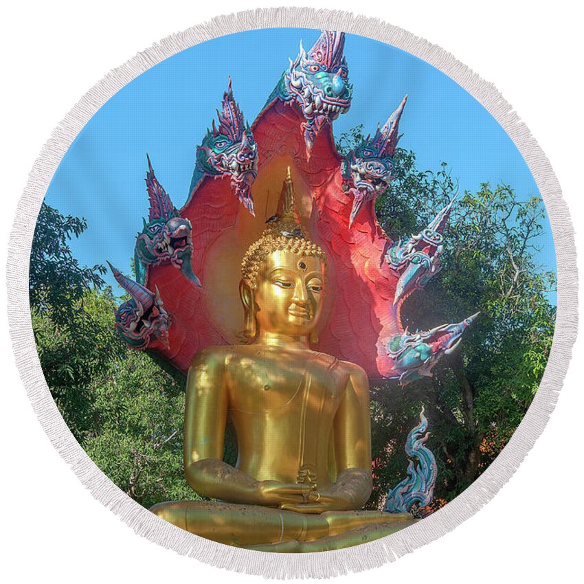 Scenic Round Beach Towel featuring the photograph Wat Burapa Buddha Image on Naga Throne DTHU1397 by Gerry Gantt
