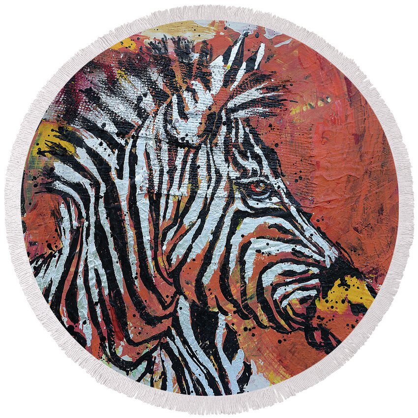 Round Beach Towel featuring the painting Watchful Zebra by Jyotika Shroff