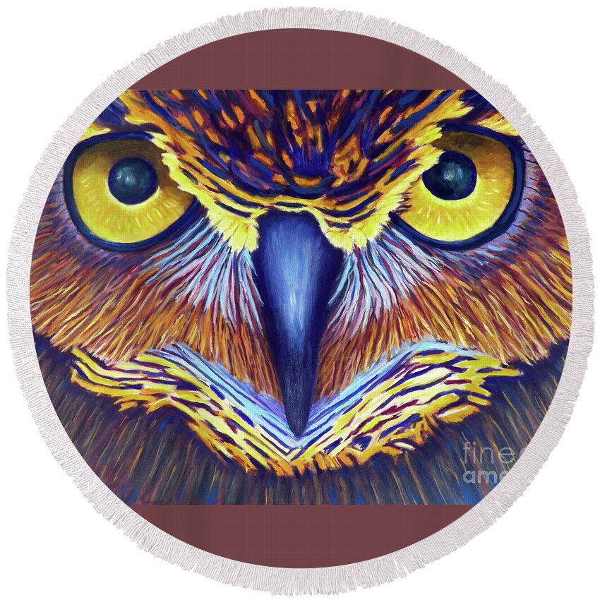 Owl Round Beach Towel featuring the painting Watching by Brian Commerford