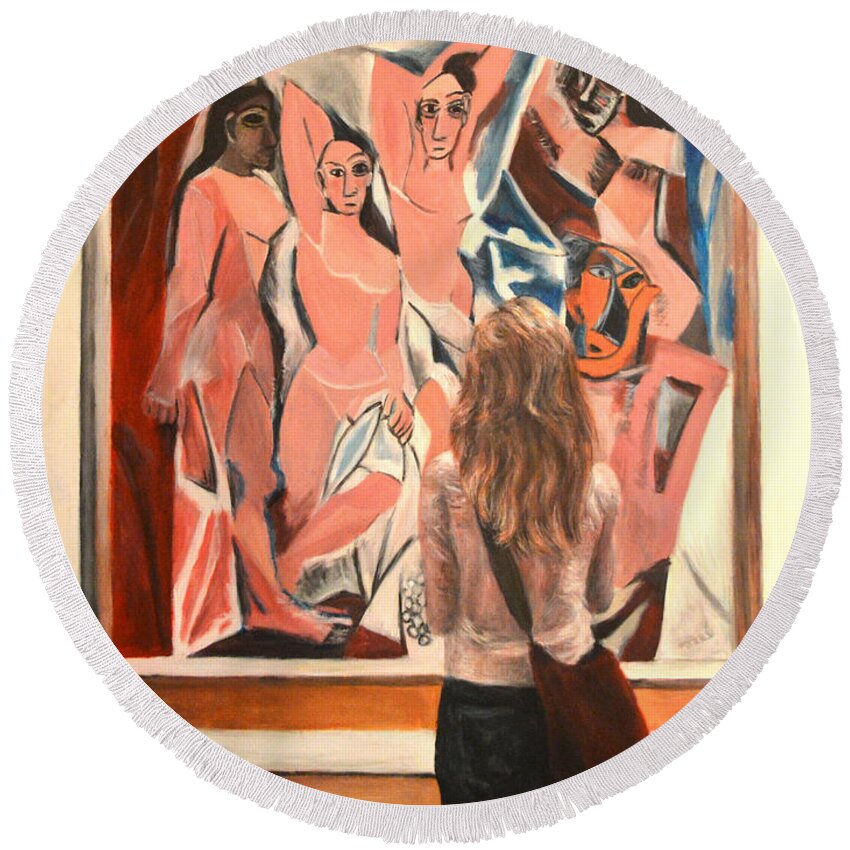 Watching Picasso Les Demoiselles D'avignon Round Beach Towel featuring the painting Watching Picasso Les Demoiselles d'Avignon by Escha Van den bogerd