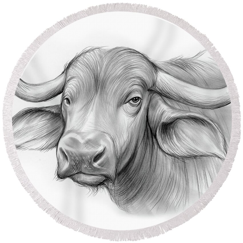 Pencil Round Beach Towel featuring the drawing Water Buffalo by Greg Joens