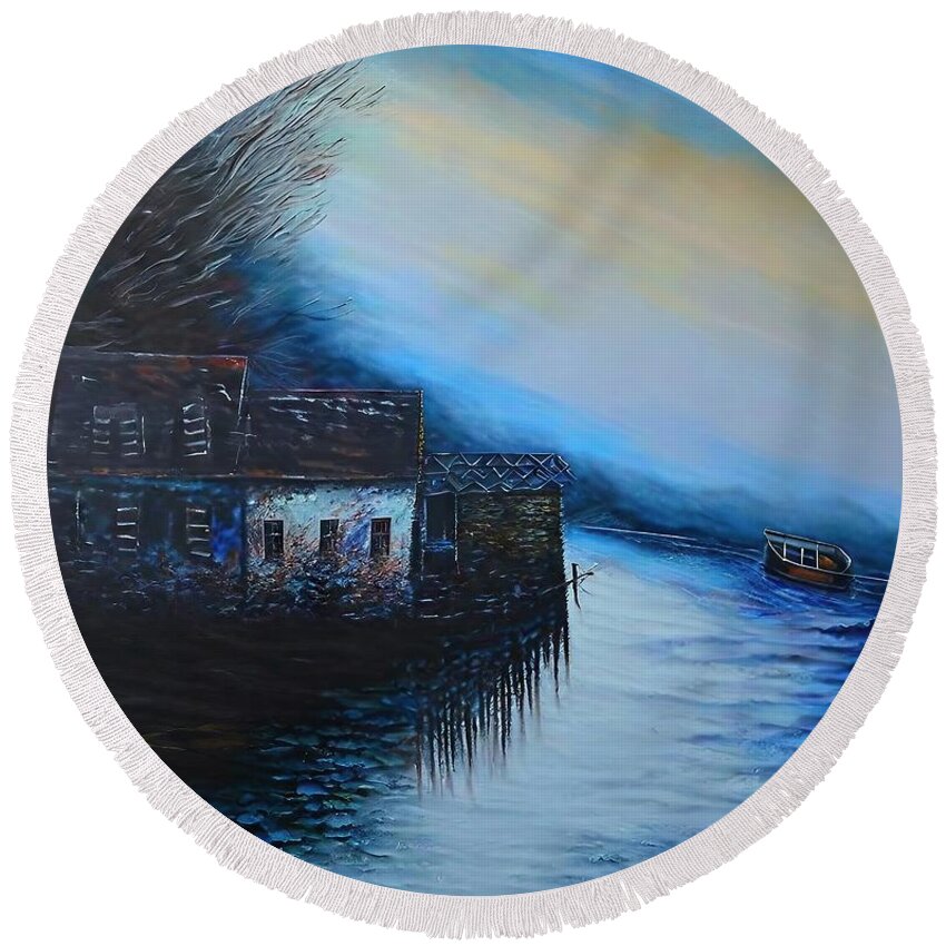 Reflection Round Beach Towel featuring the painting Water Cabin Painting reflection boat tree water cabin beach blue boat coast nature ocean sea sky travel water architecture art artwork background city evening gdansk holiday illustration landscape by N Akkash