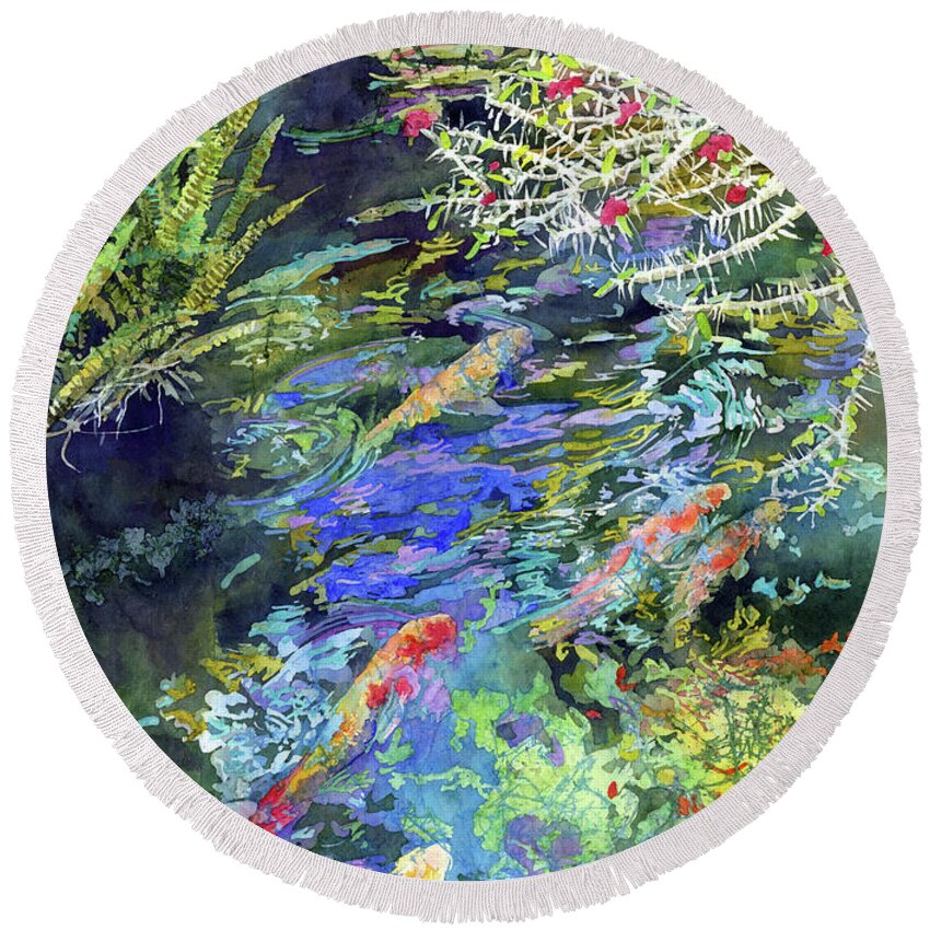 Koi Round Beach Towel featuring the painting Water Garden-pastel colors by Hailey E Herrera
