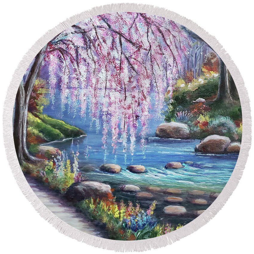 Water Stream Round Beach Towel featuring the painting Water stream at park by Dipali Shah