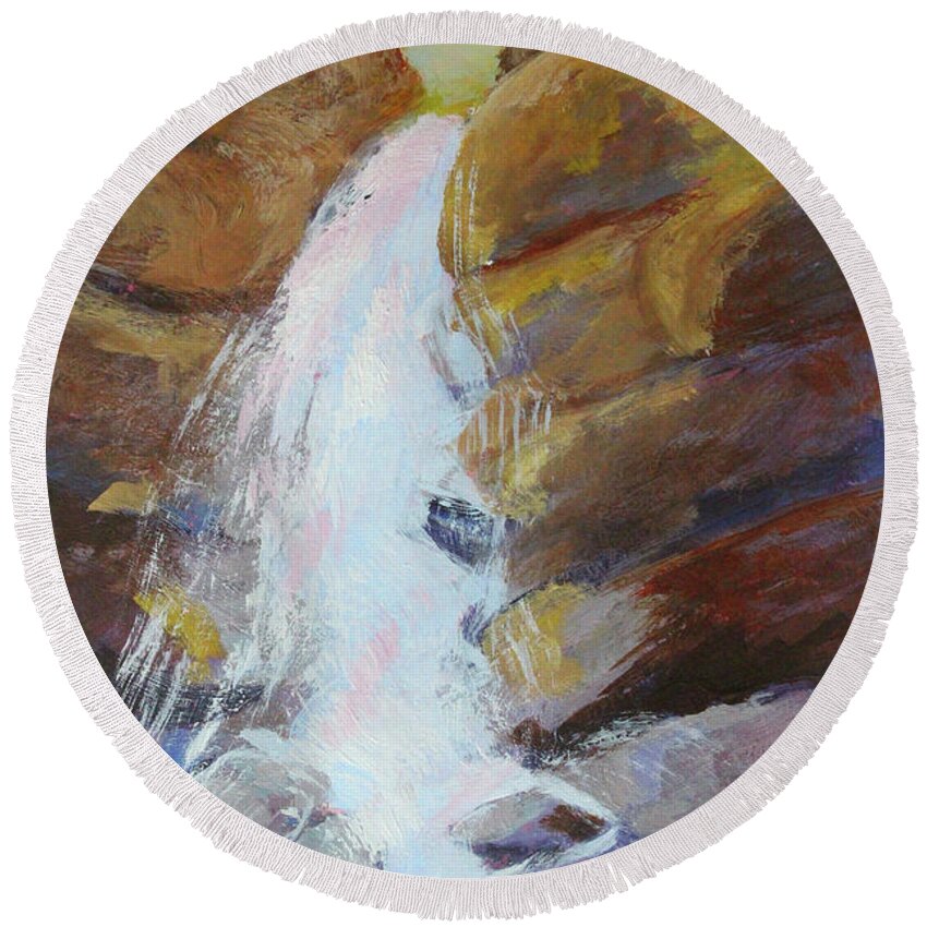 Rocky Waterfall Round Beach Towel featuring the painting Water Tumble by Nancy Merkle