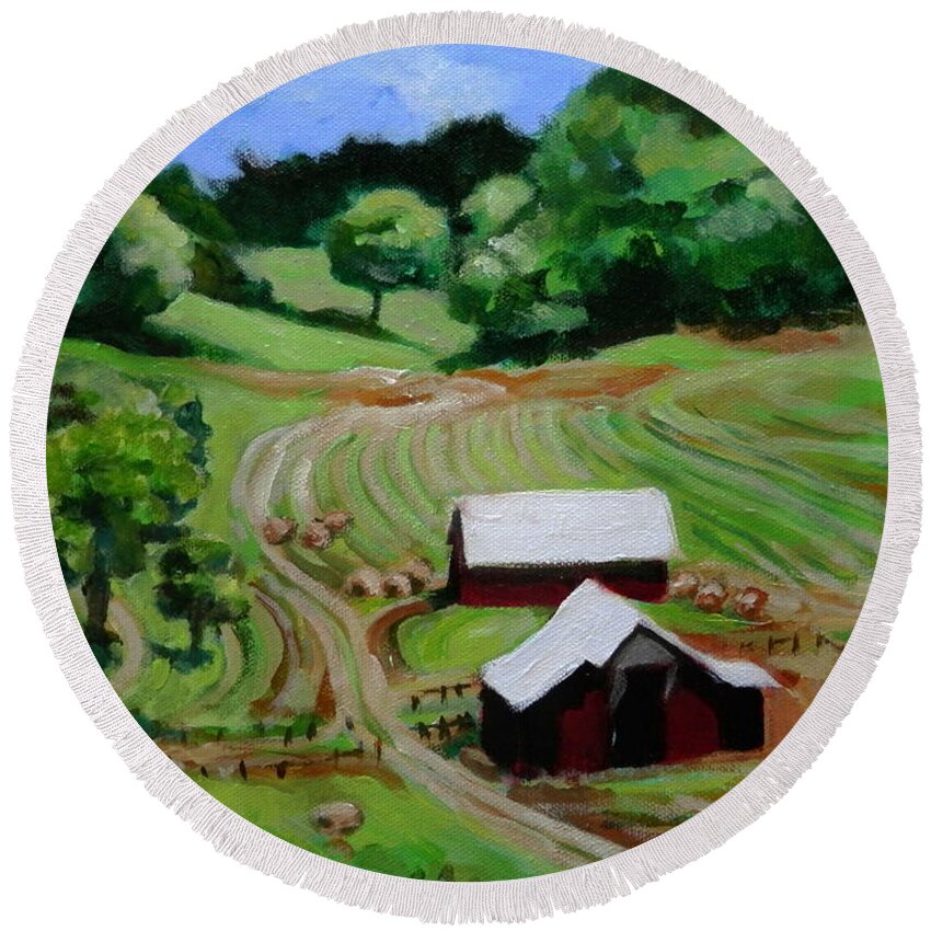 Farm View Valley Topography Round Beach Towel featuring the painting Water Valley Farm by Martha Tisdale