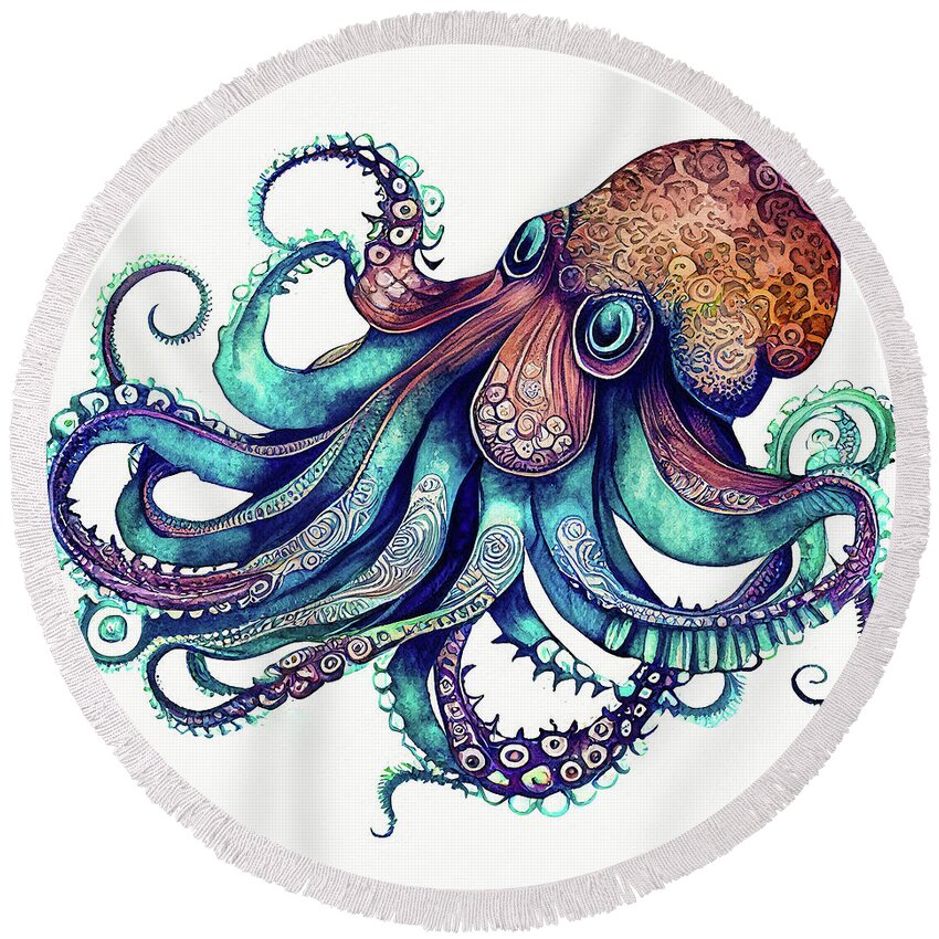 Octopus Round Beach Towel featuring the digital art Watercolor Animal 05 Octopus by Matthias Hauser